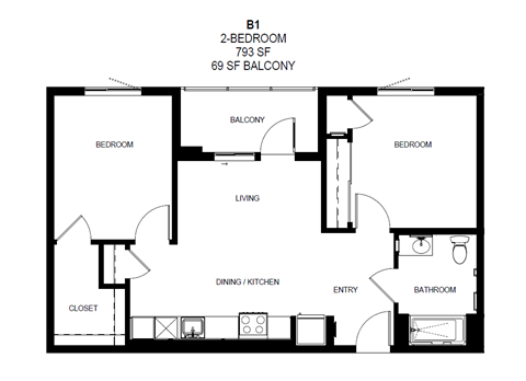 A black and white image of a floor plan for a 2-bedroom apartment.